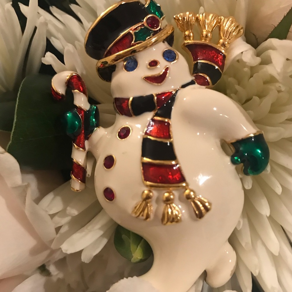 Bob Mackie Snowman Rhinestone Enamel Brooch